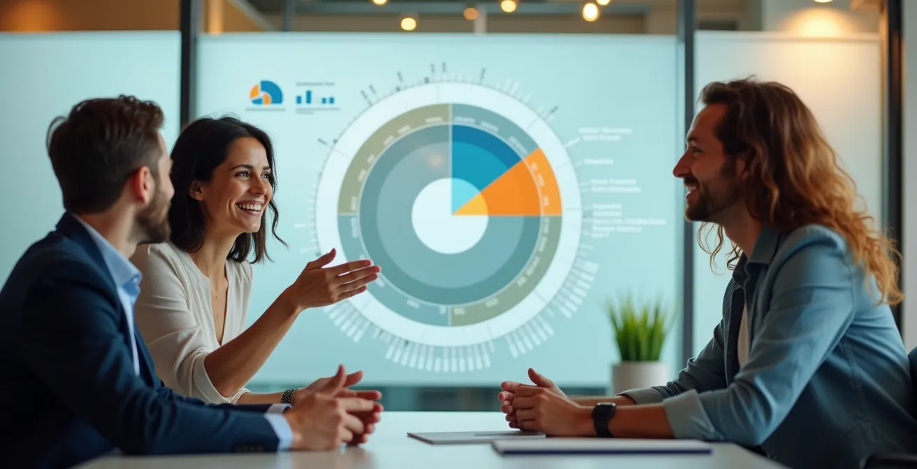 A diverse team of Canadian professionals collaboratively reviewing a circular timeline, representing a quarterly compliance review cycle.