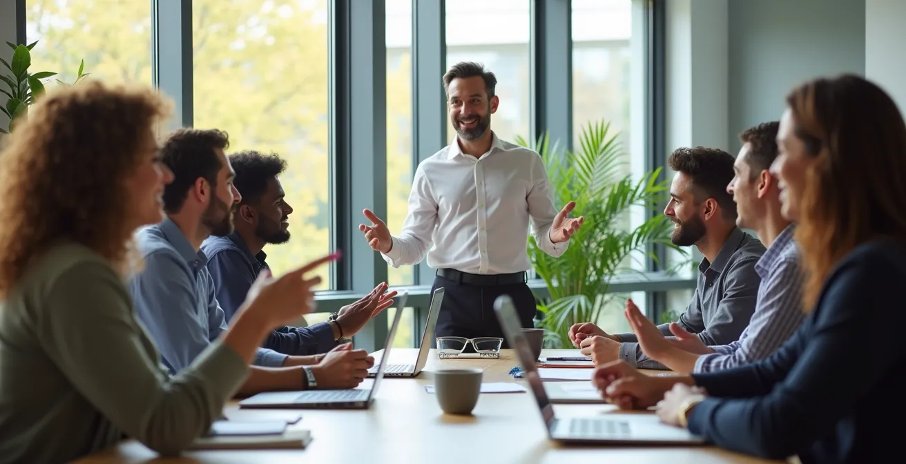 Diverse team members in an open meeting space collaborating during an all-hands meeting.