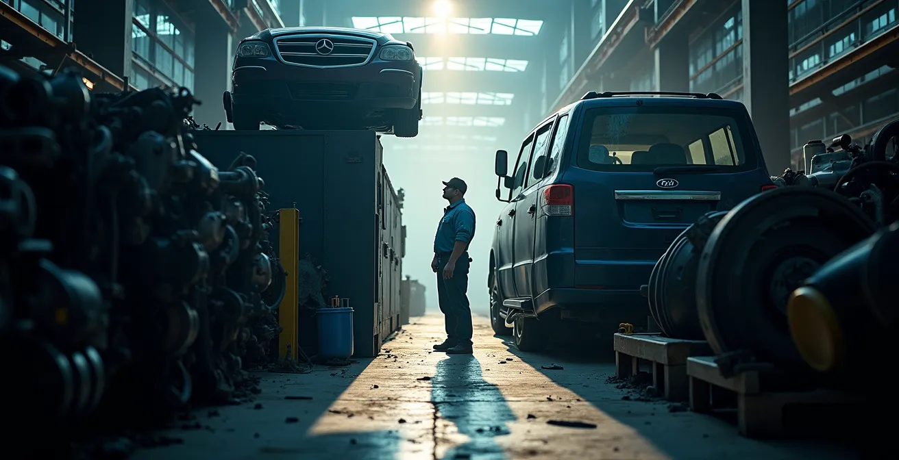 Factory worker examining precision manufacturing equipment in modernized facility