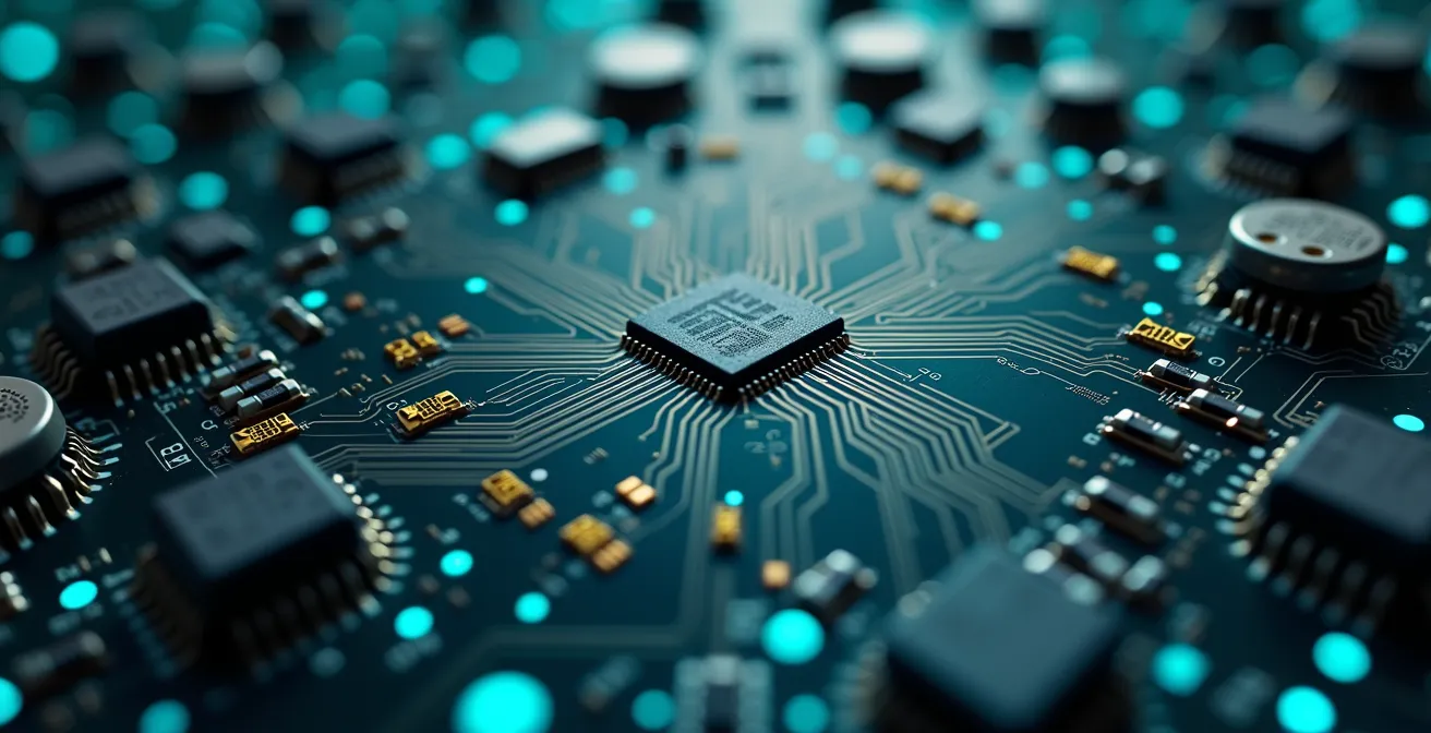 Extreme close-up of interconnected circuit board representing automated systems