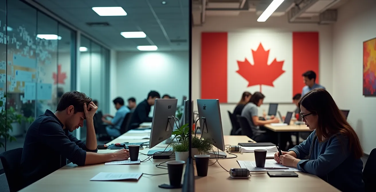 A split-screen image showing a chaotic, burnt-out office on one side and a calm, stable Canadian office on the other.