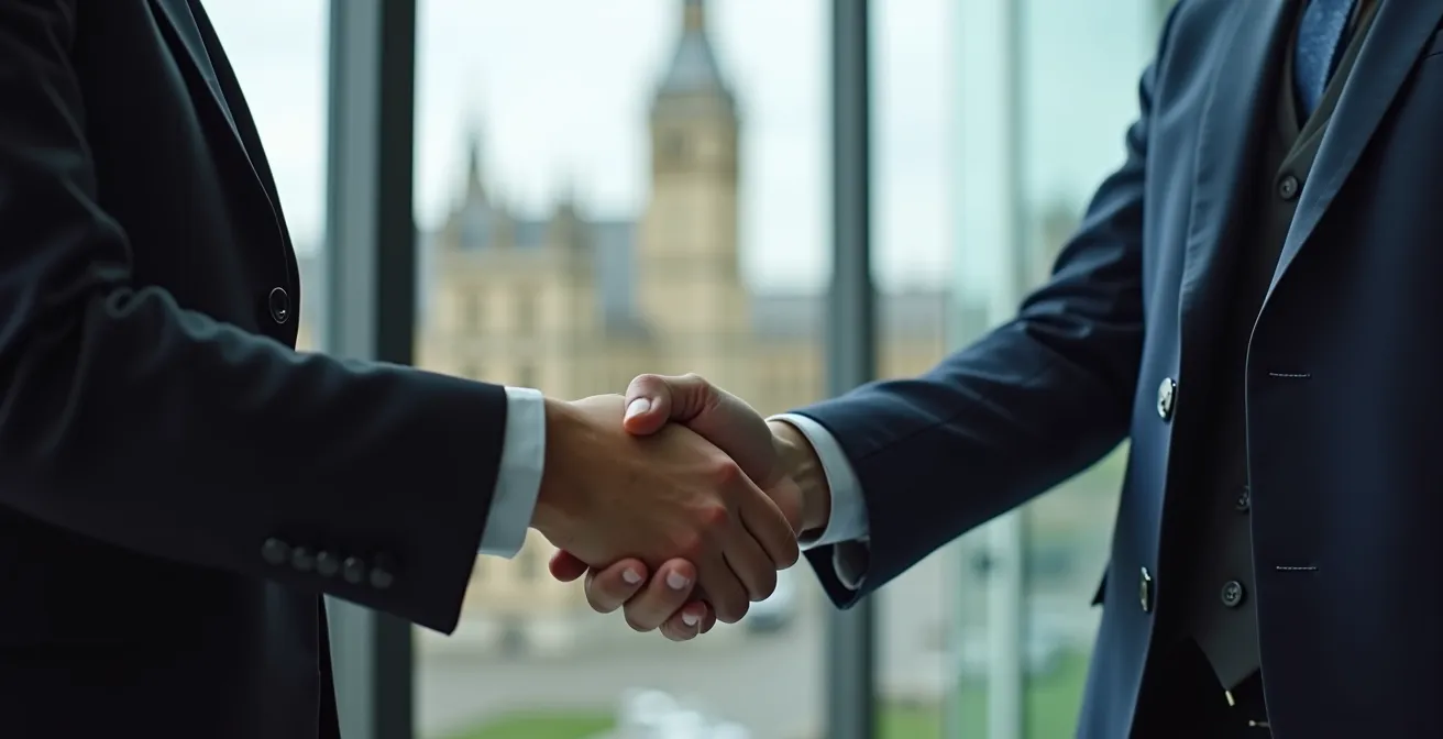 Professional handshake between business partners with Ottawa Parliament buildings visible through window