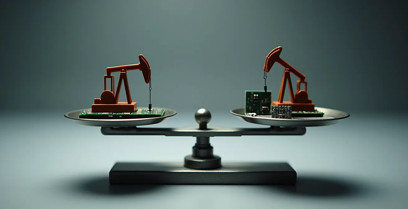 Abstract composition of balanced scales with oil derrick silhouettes transitioning to circuit board patterns