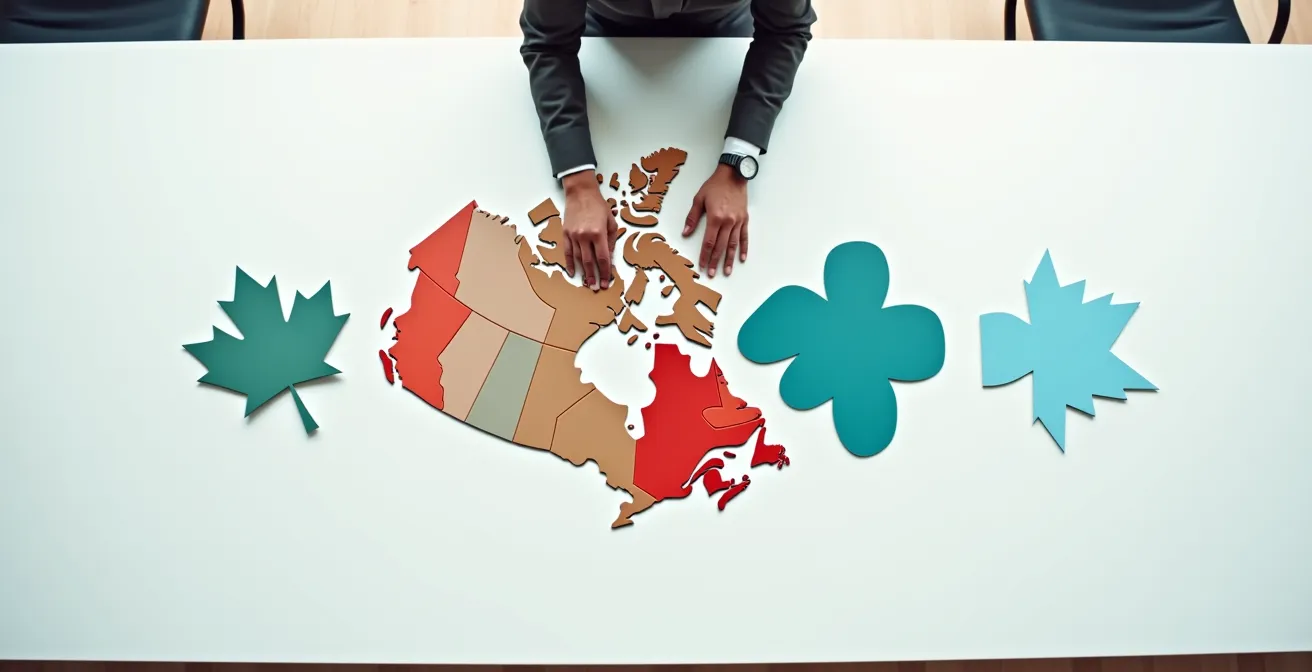 Abstract visualization of Canadian provincial business registration requirements on a strategic map