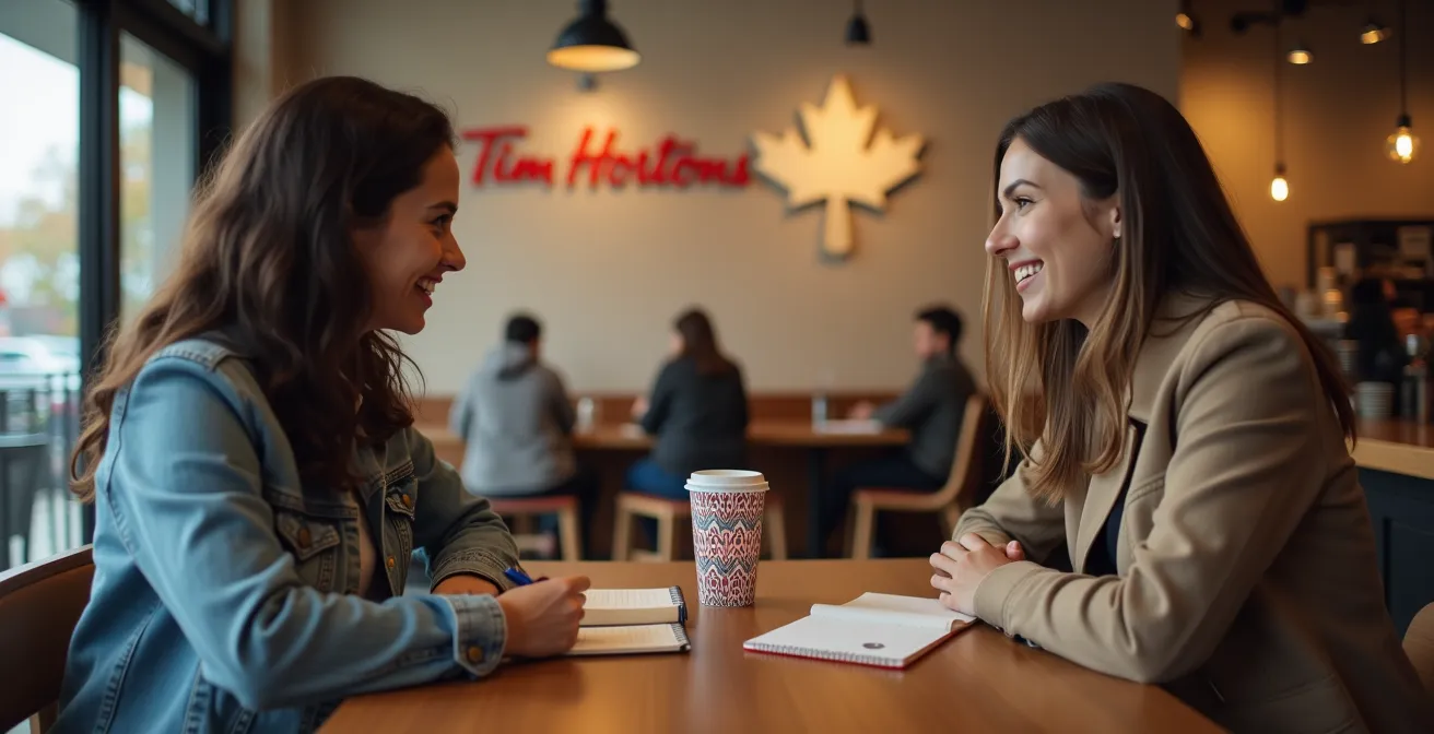 Professional conducting customer interview in neutral Canadian coffee shop setting