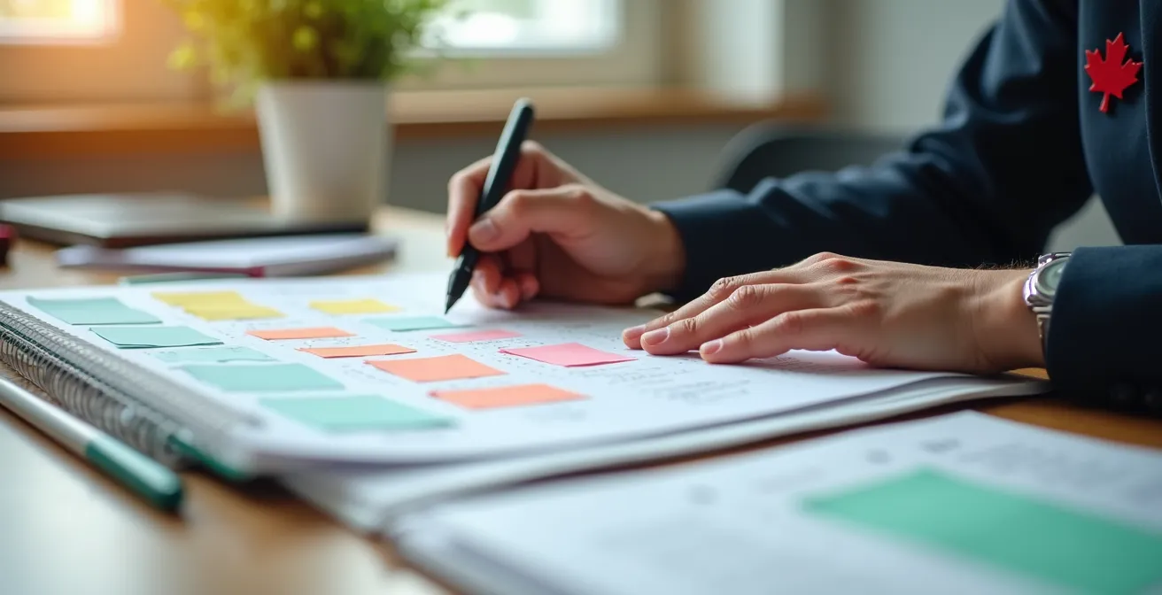 Visual timeline showing Canadian funding deadlines and blackout periods, with hands planning on a calendar.
