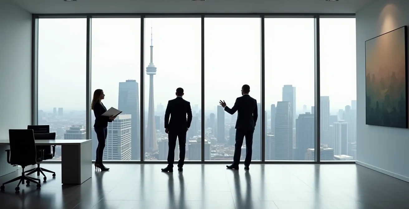 Canadian pension fund executives analyzing long-term investment data in Toronto office