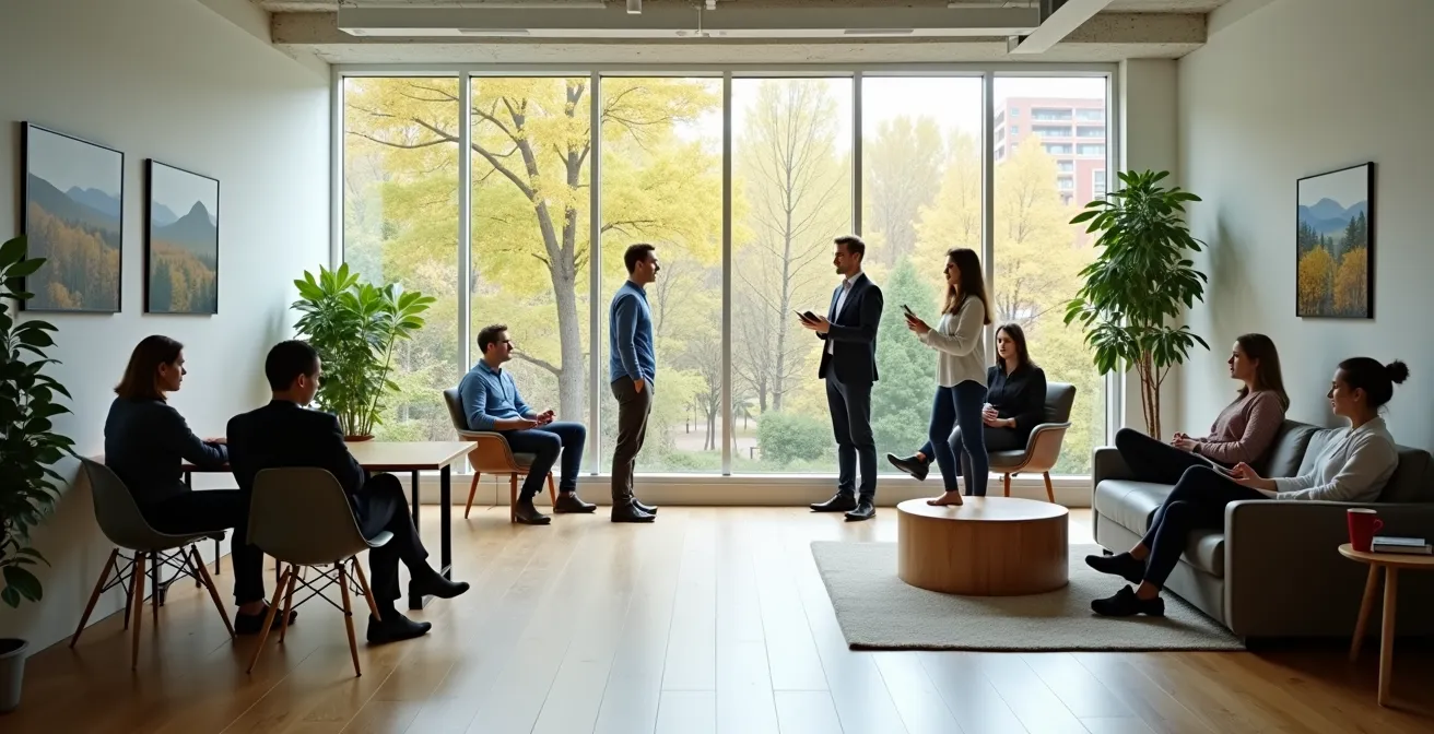 A bright, airy Canadian office with large windows overlooking a park, where employees are collaborating in a relaxed and balanced environment.