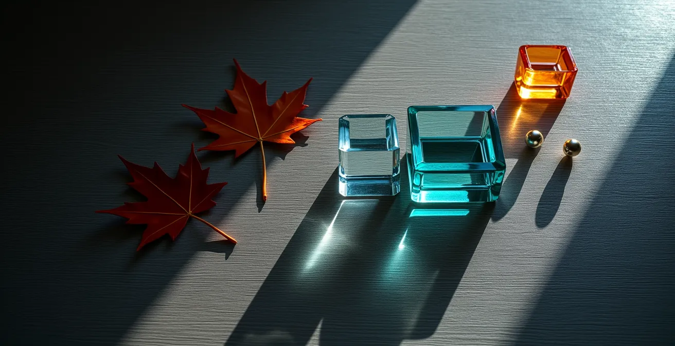 A professional workspace showing the systematic process of a compliance review with abstract objects representing regulatory layers.