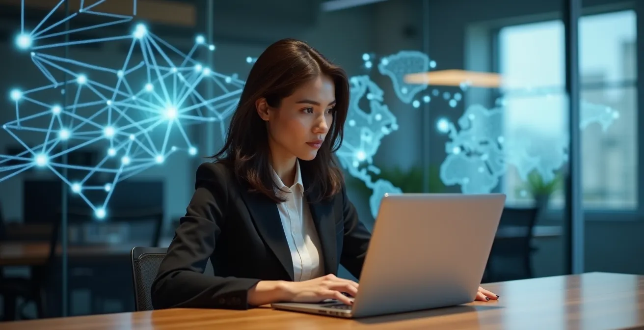 Business executive looking at North American map visualization in office