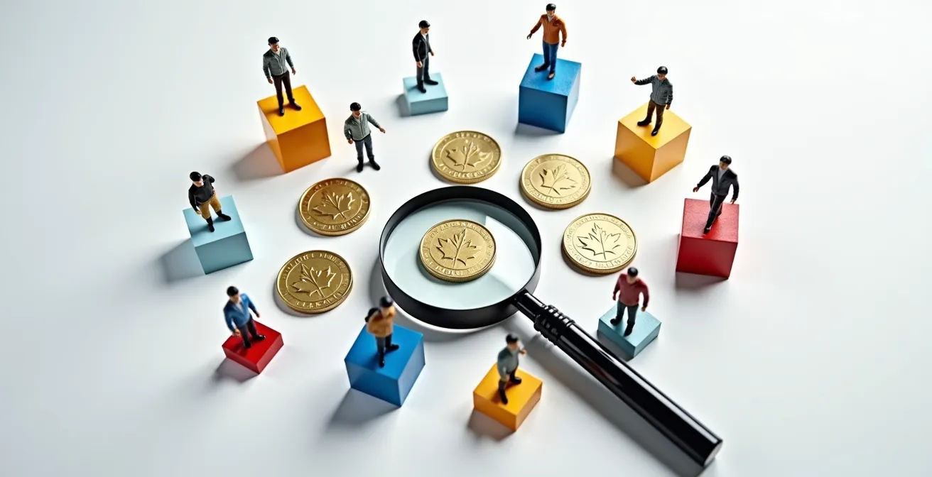 Abstract representation of crowdfunding as a market validation tool with a magnifying glass over Canadian coins and product shapes.