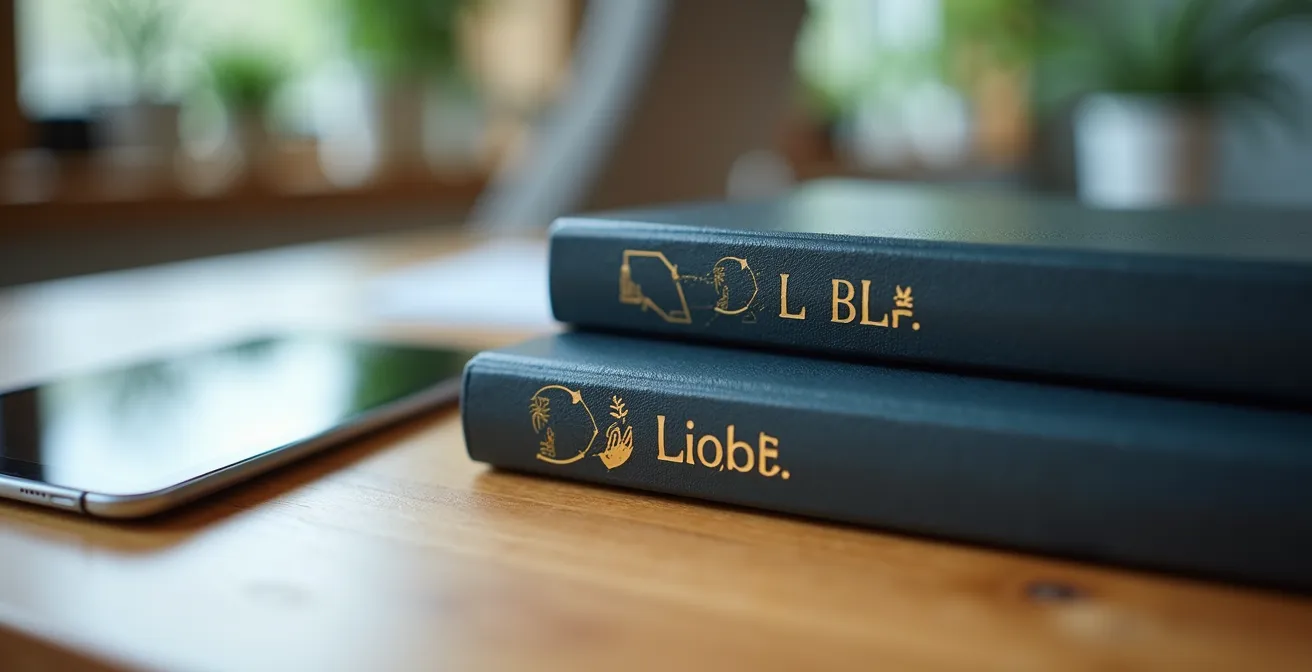 Close-up of policy binders and digital tablets on a modern office desk