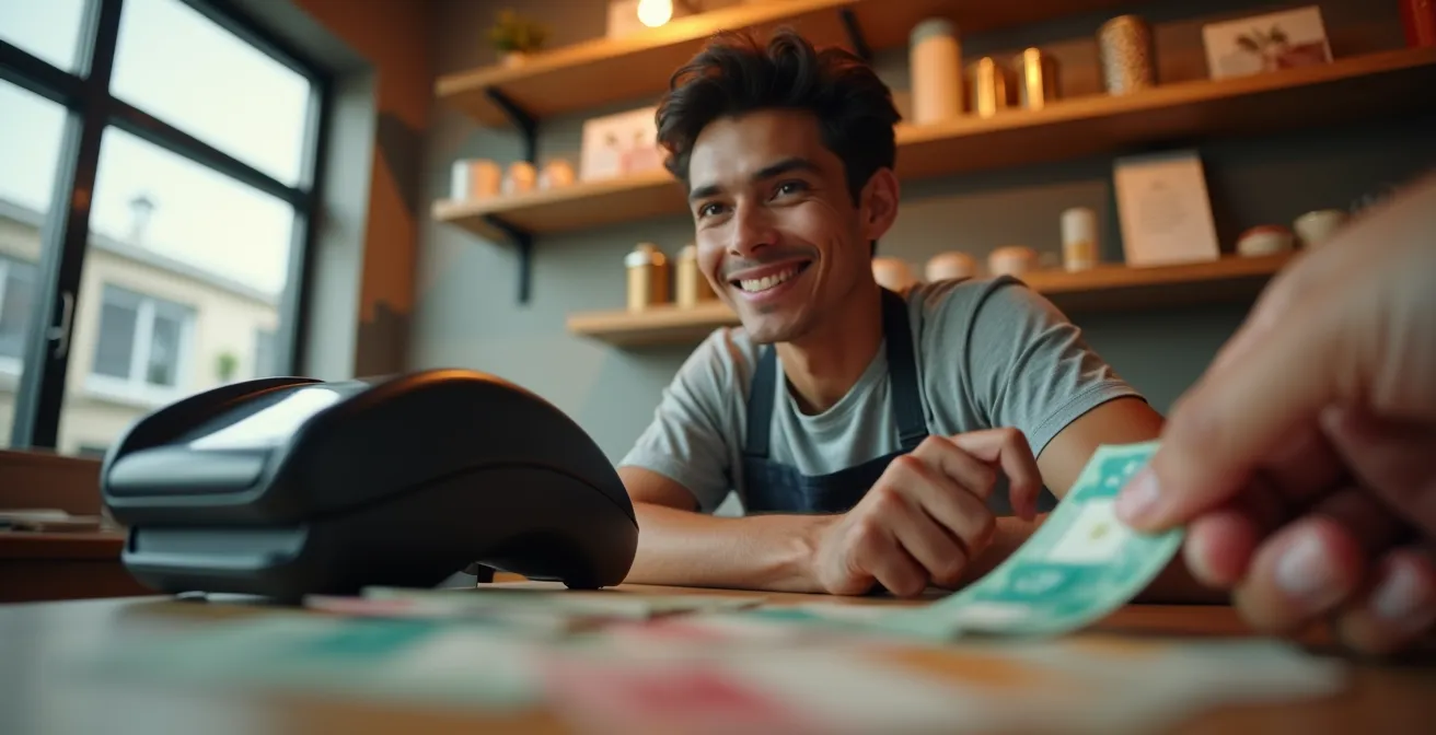 A modern payment terminal processes a transaction in a Canadian retail setting, symbolizing efficiency.