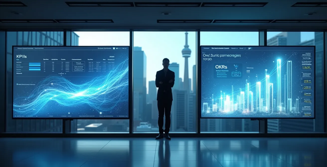 Split screen dashboard showing KPI operational metrics versus OKR strategic goals