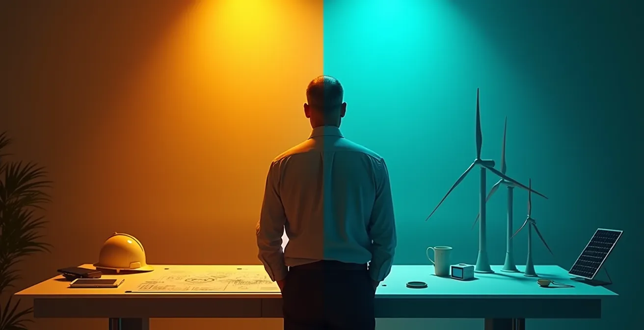 Split-screen composition showing an engineer reviewing technical drawings with energy infrastructure visible through windows