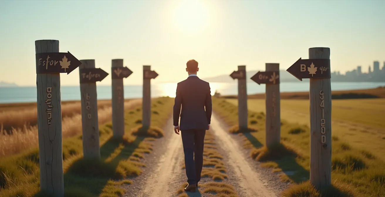 Business person standing at intersection with Canadian provincial markers pointing different directions