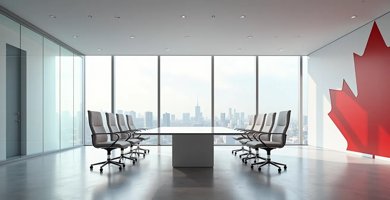 Wide angle view of empty modern Canadian venture capital office with maple-themed abstract art