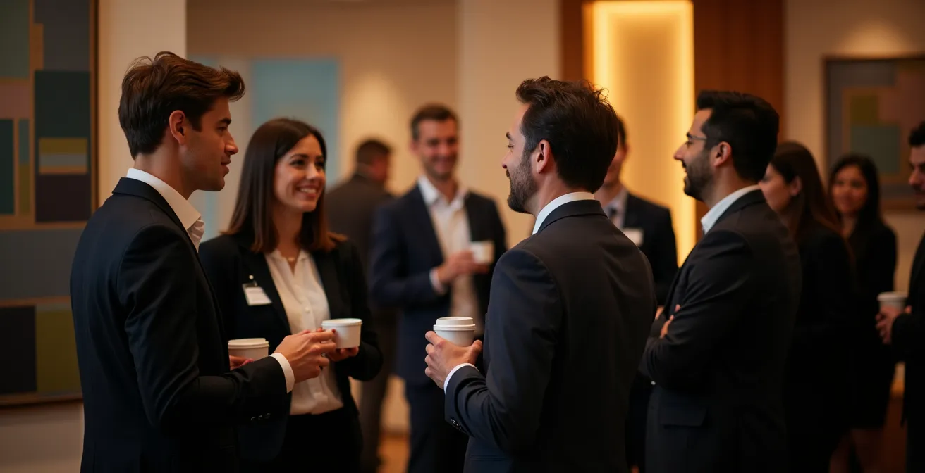 Professional networking at a high-level Canadian business event with executives exchanging ideas