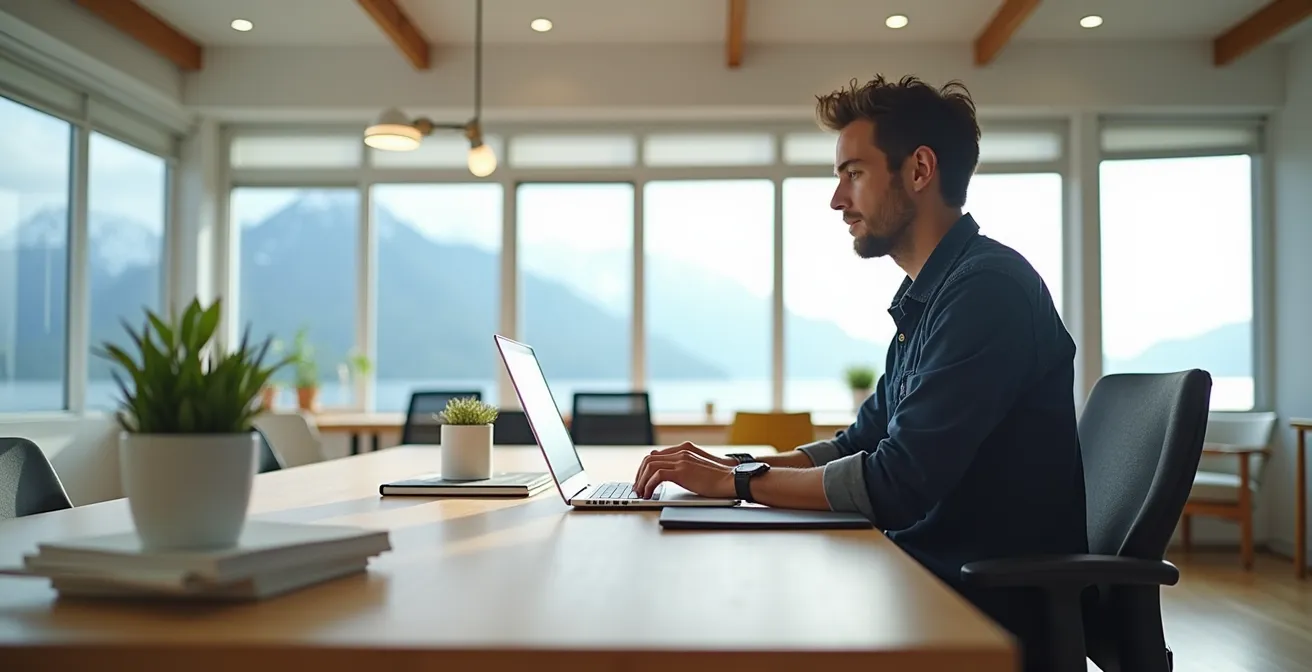 Startup founder working on laptop in bright Vancouver office space