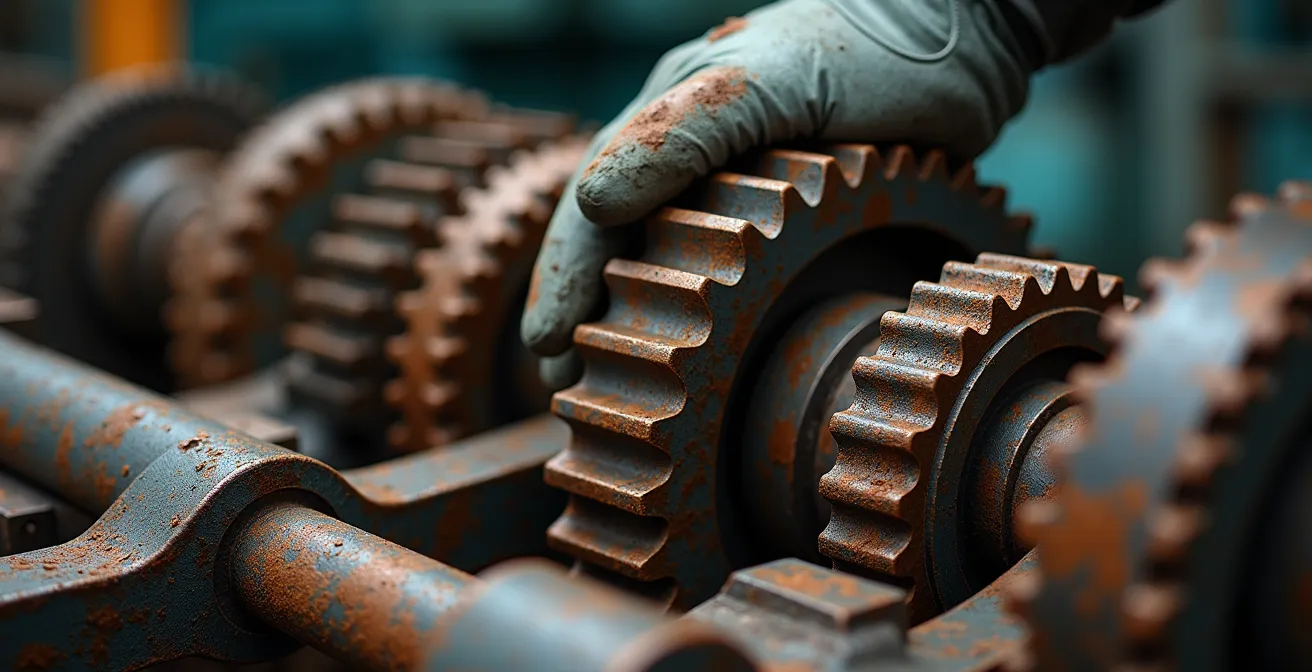 Worker examining aging industrial equipment in Canadian manufacturing facility