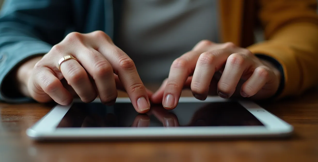 Close-up of weathered hands and young hands working together on a tablet device