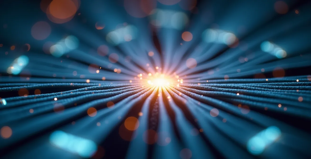 An interconnected web of glowing network cables, symbolizing the distribution of knowledge across an organization.