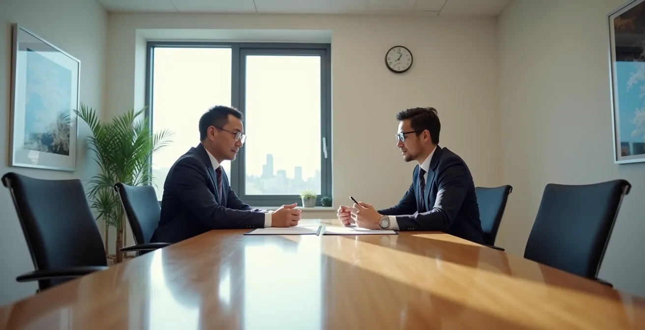 Professional meeting between Licensed Insolvency Trustee and business owner reviewing documents