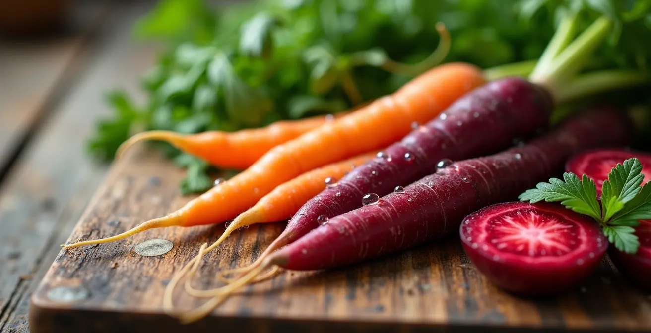 Close-up macro shot of fresh vegetables and herbs with water droplets on wooden cutting board
