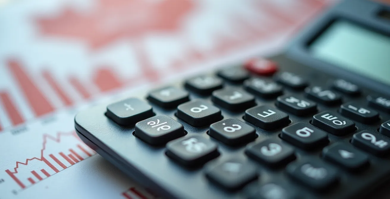 Extreme close-up of financial calculator keys and stress test documents with maple leaf watermark