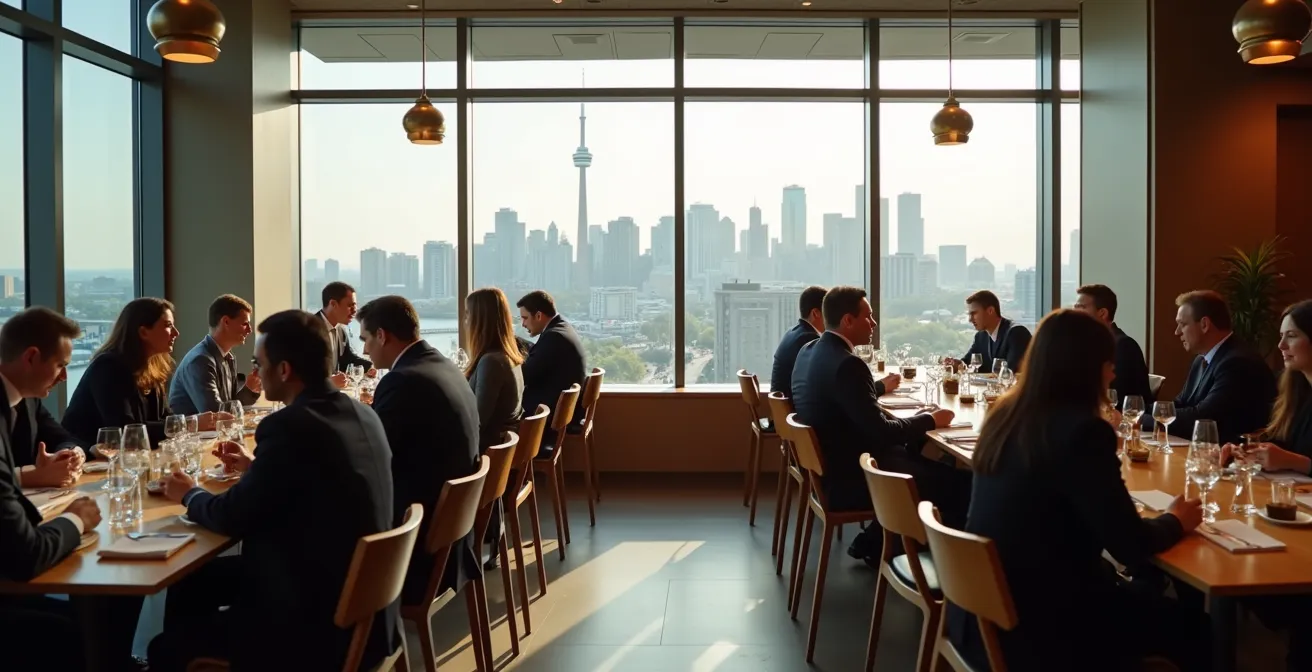 Business professionals networking at an off-site Canadian trade show event