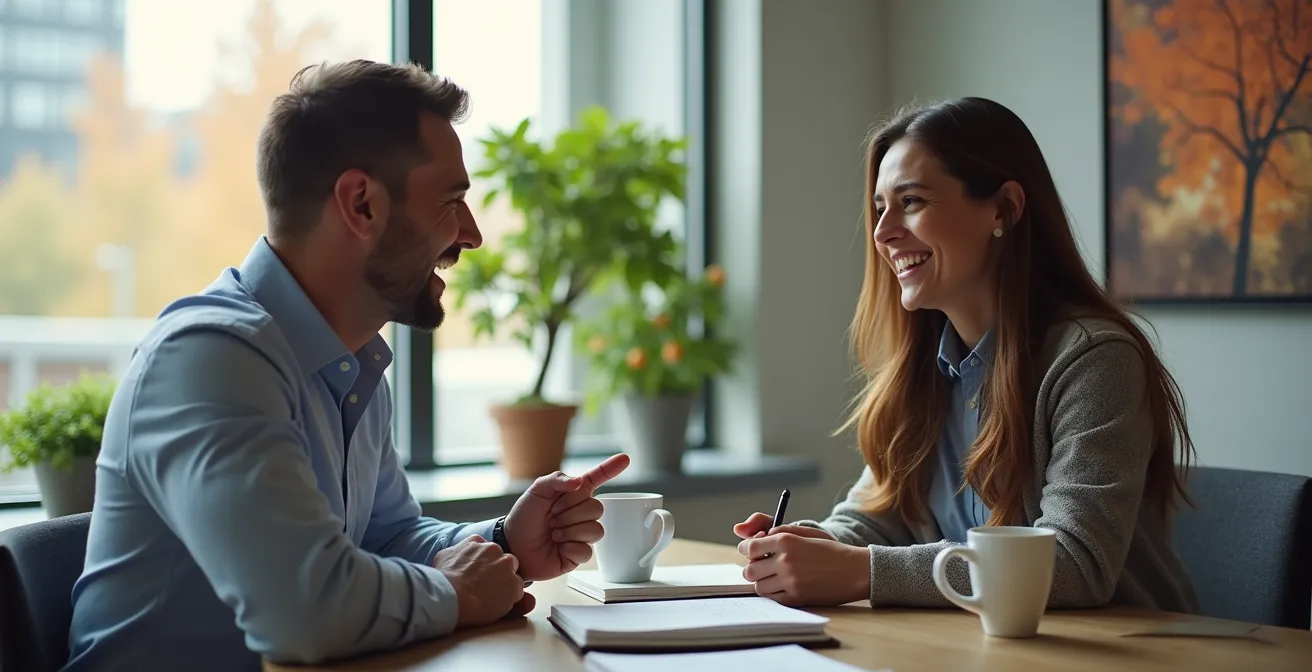 Two professionals in a warm, collaborative performance review discussion in a modern Canadian office.