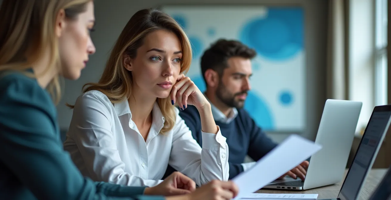 Business team conducting privacy impact assessment with flowcharts and risk matrices in modern Quebec office