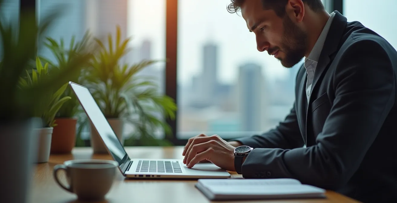Business professional thoughtfully composing follow-up message in modern Toronto office