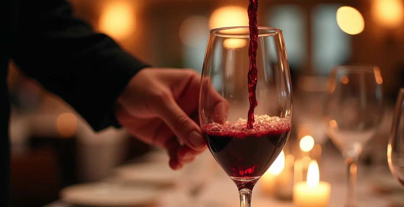 Close-up of sommelier pouring wine with careful precision at business dinner