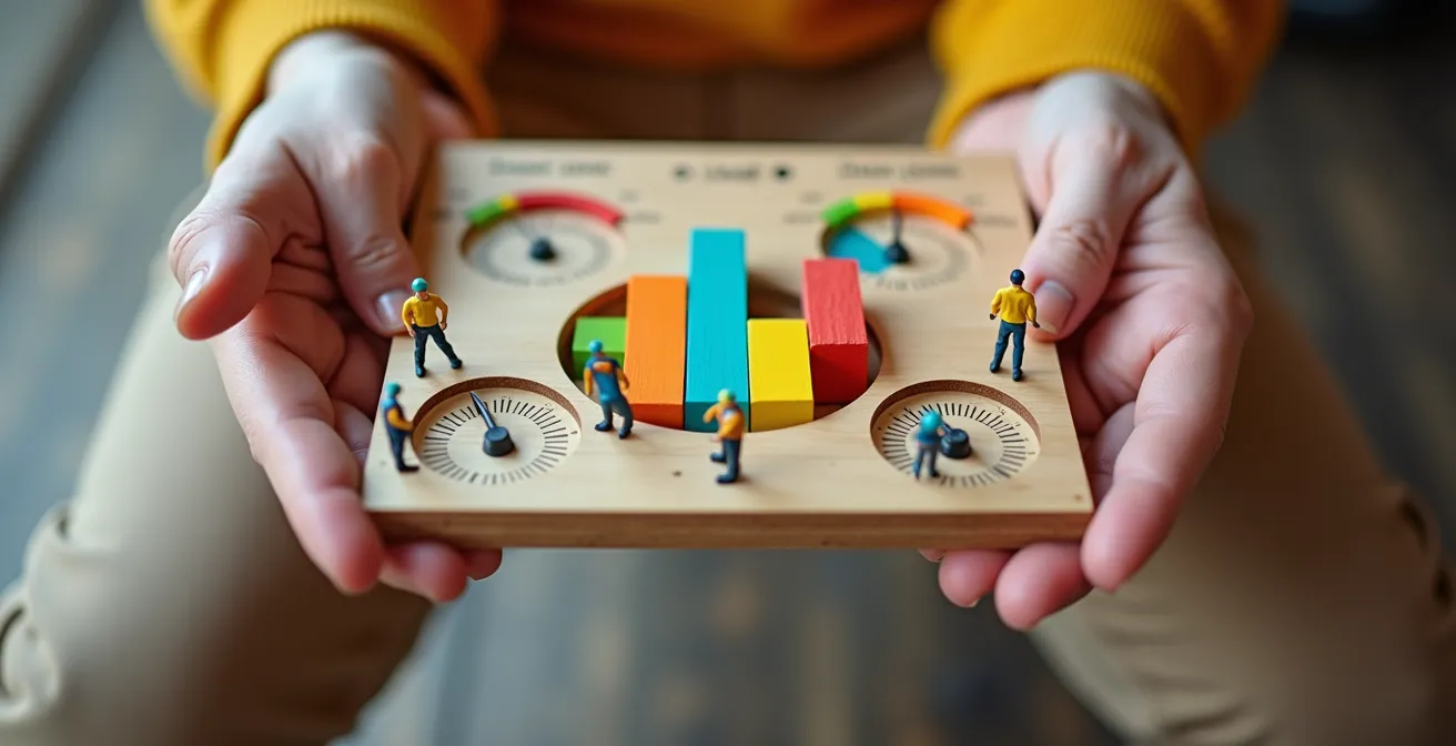 A close-up photograph of hands arranging a physical dashboard with green, yellow, and red indicators representing quality and team wellness metrics.