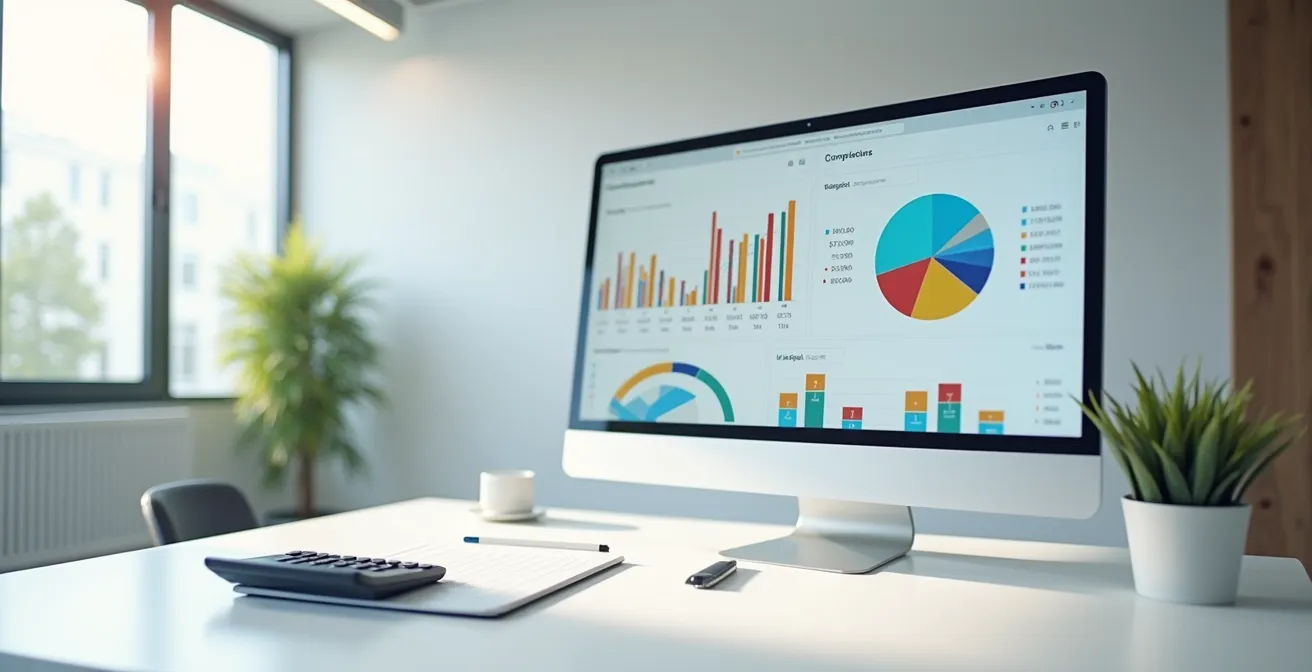 Wide angle view of financial dashboard displaying resource allocation charts and metrics in minimalist office setting