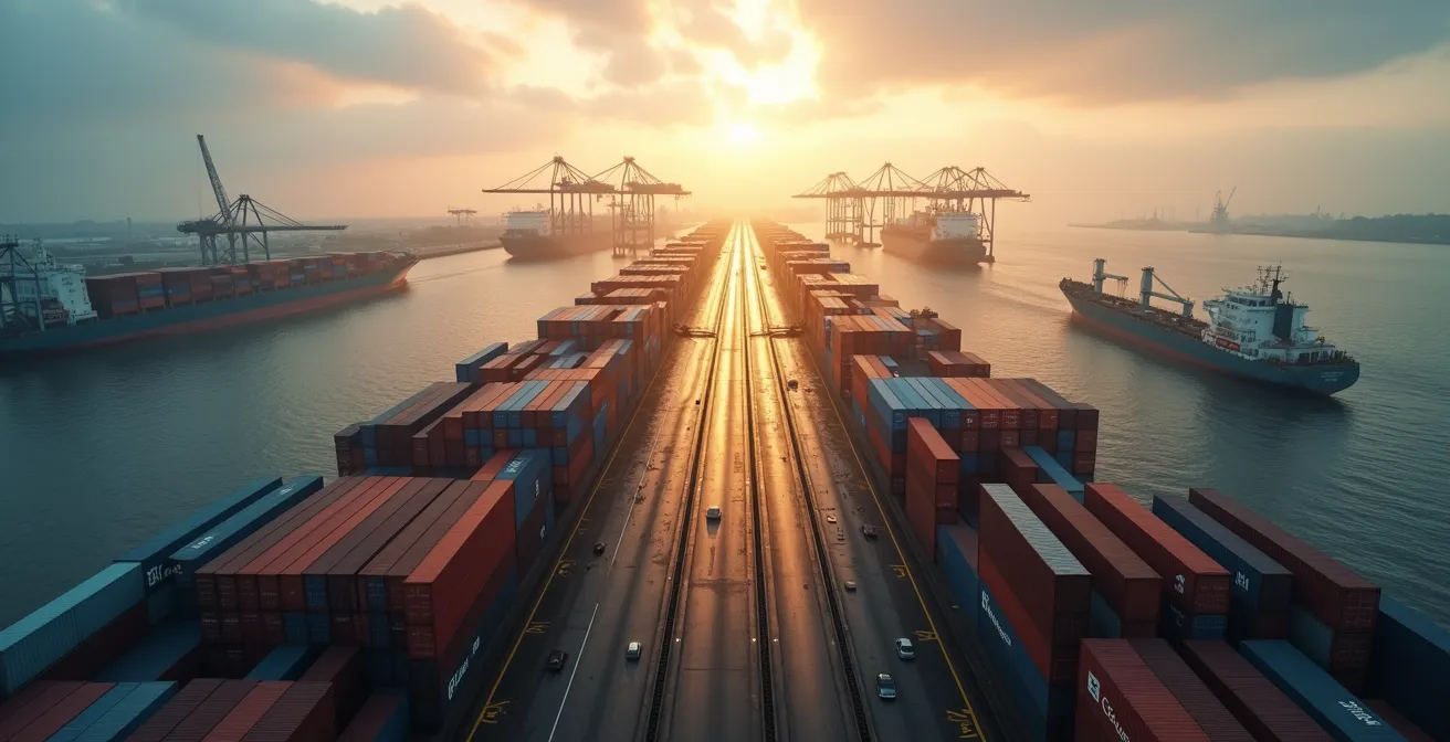 Aerial view of Rotterdam port showing container ships and logistics operations