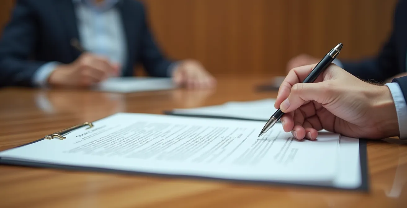 Close-up of hands signing investment documents on wooden desk