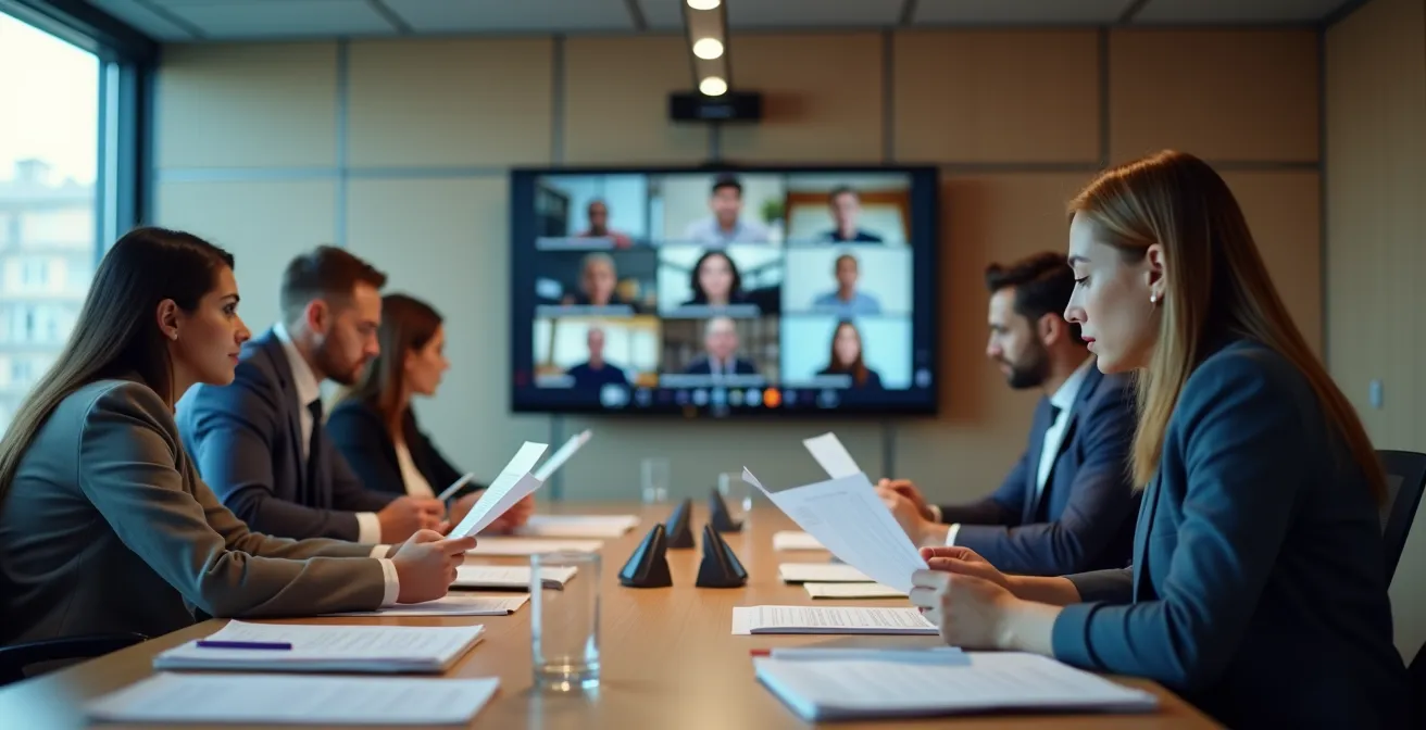 Diverse team members quietly reading documents in modern meeting room with some participants visible on wall-mounted screens