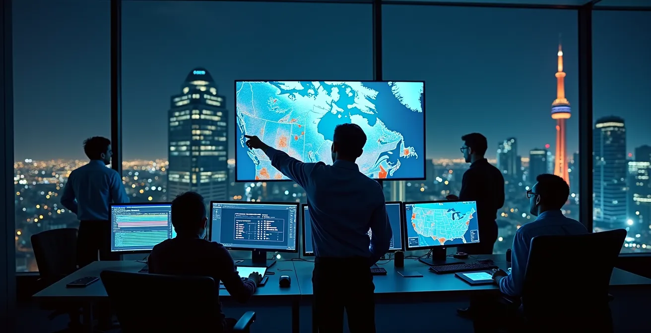 Crisis response team monitoring multiple social media feeds in real-time in a command center.