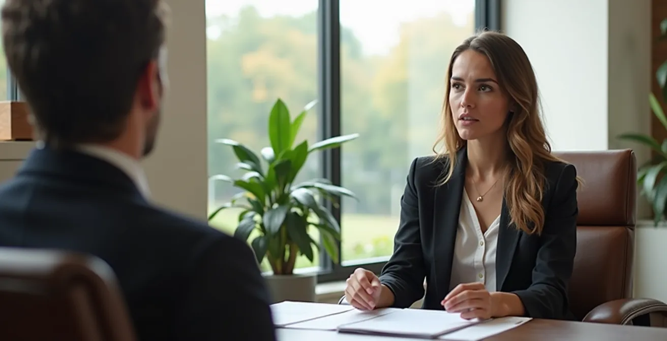 Manager and employee having a supportive one-on-one conversation in a quiet office setting