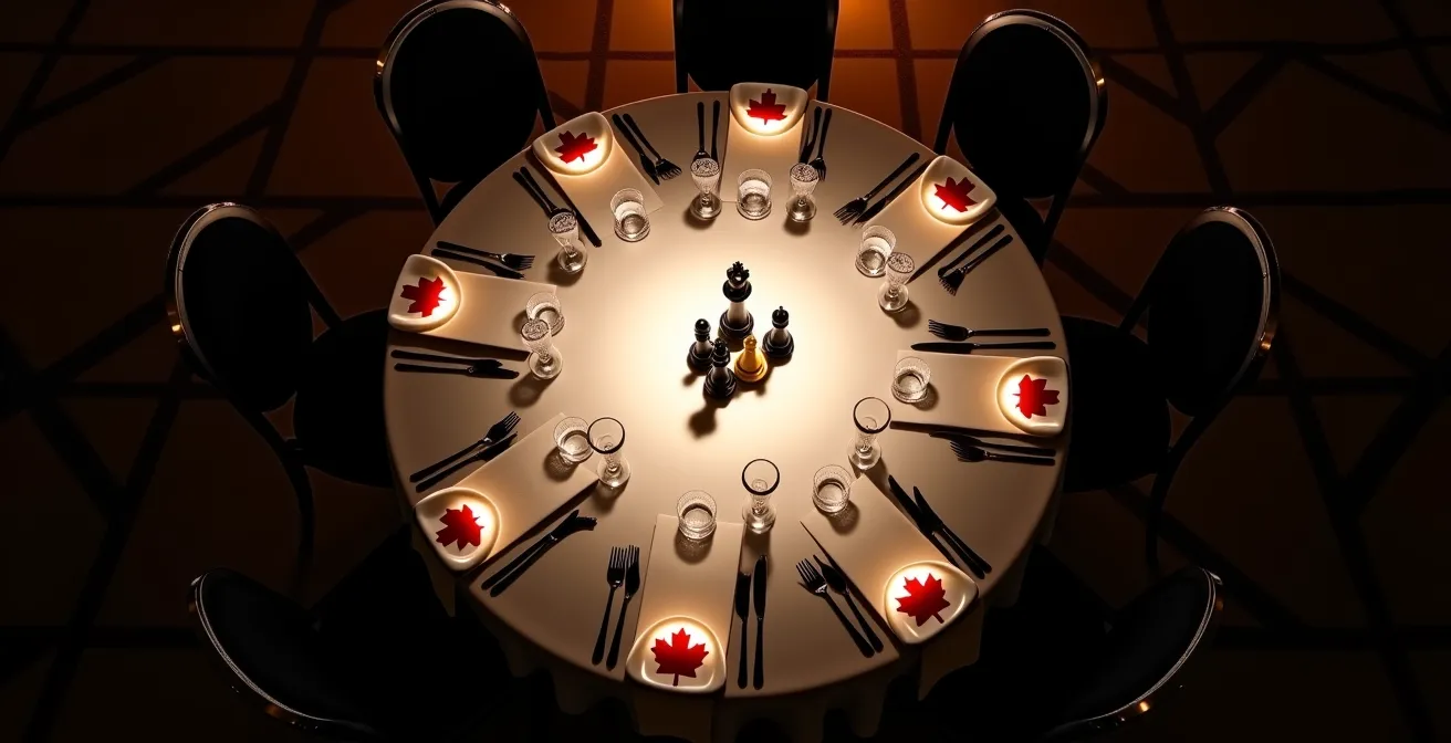 Overhead view of a formal gala round table showing strategic seating positions