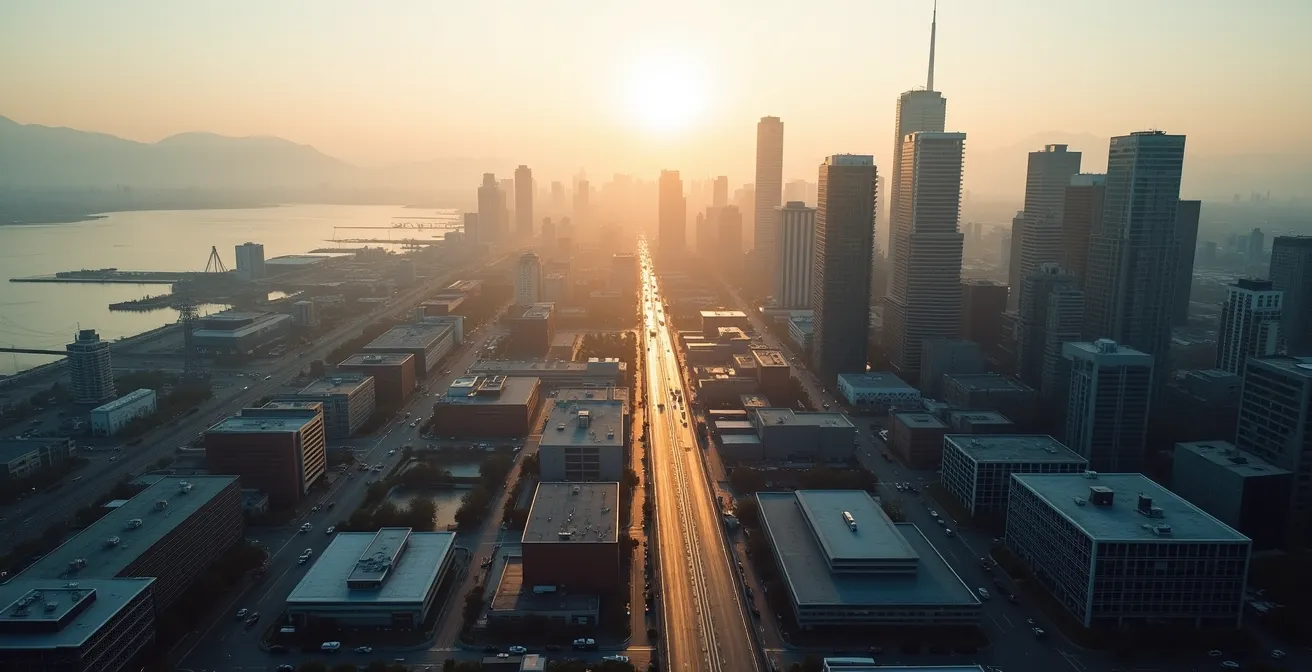 Aerial view of Canadian business districts showing economic diversity