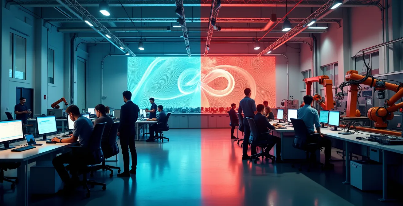 Split composition showing tech office space and industrial manufacturing facility