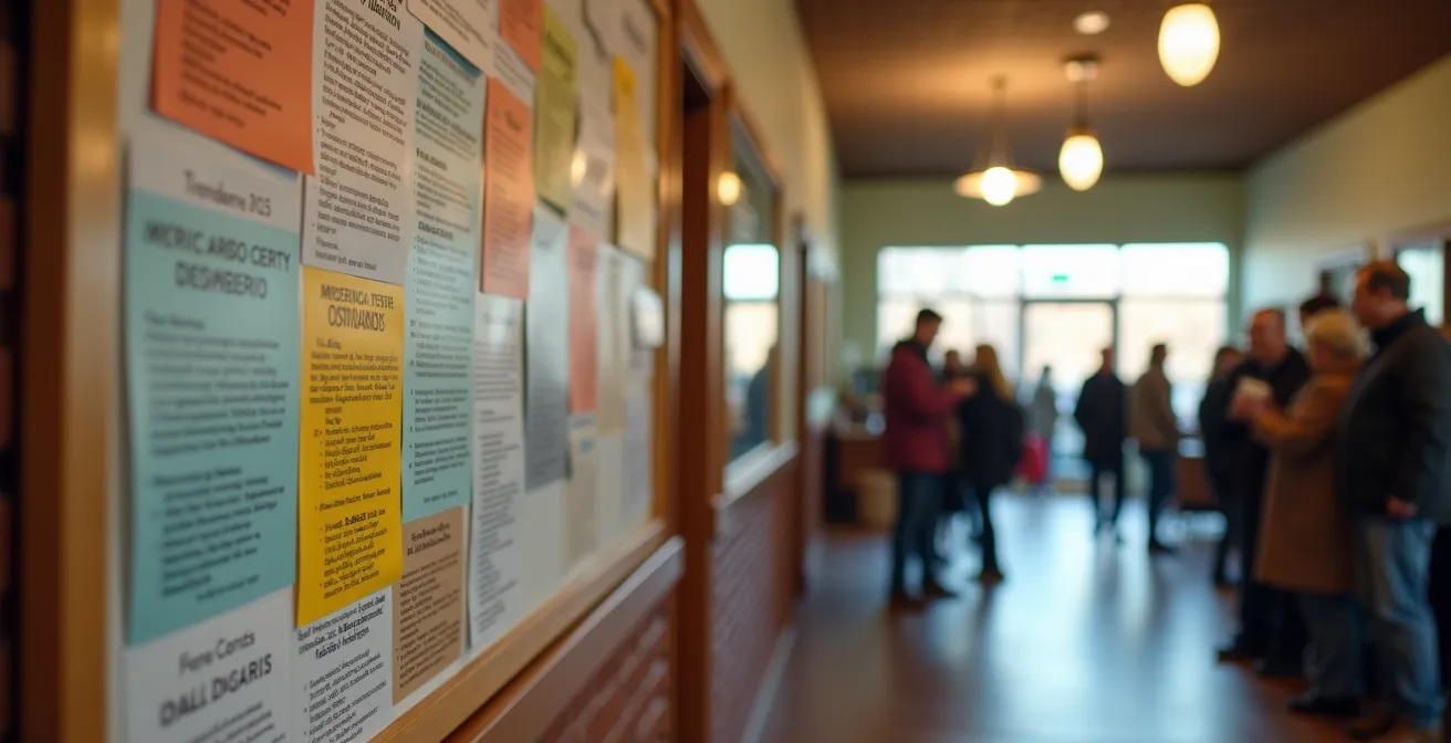 Community center bulletin board with colorful flyers and people of various ages gathering in soft-focus background
