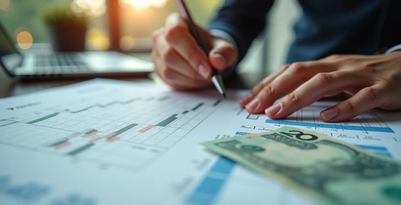 Hands working on a financial forecast spreadsheet with Canadian currency and a calculator nearby