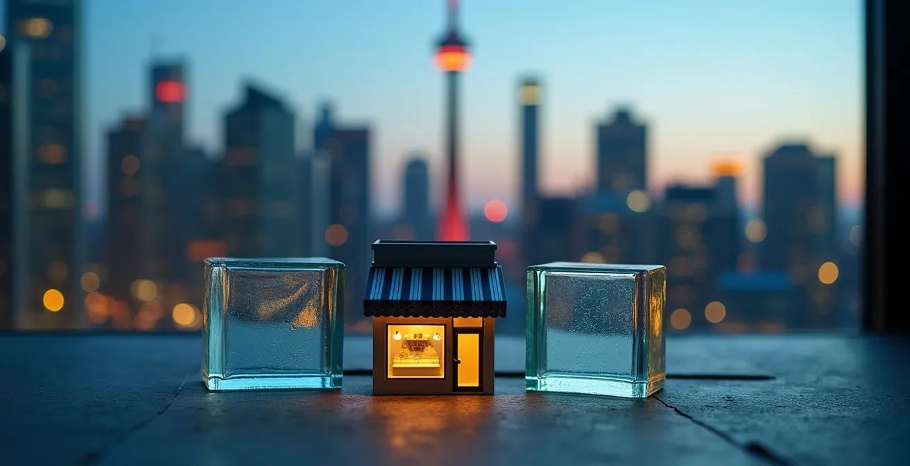 A symbolic image of a small Toronto retail storefront being crushed by glass blocks, representing financial pressure.