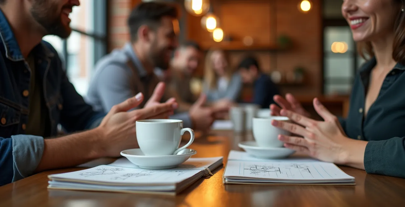 Casual coffee meeting between tech professionals in modern Toronto cafe