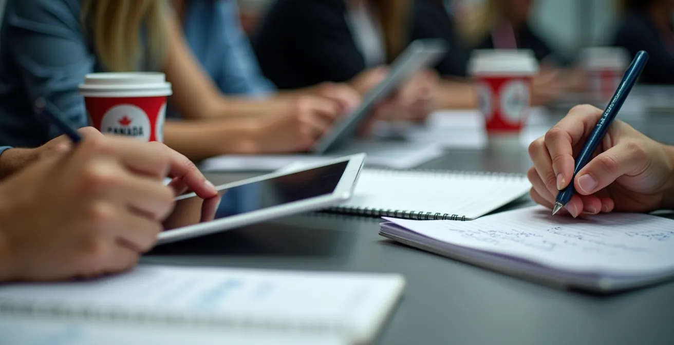 Trade show team conducting post-show data entry huddle