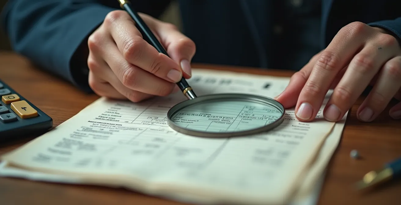Hands examining utility documents with calculator and analysis tools